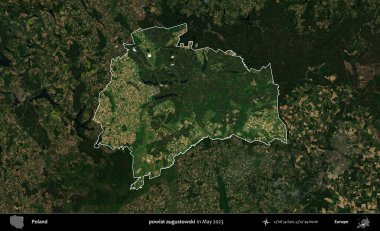 powiat augustowski. Polonya 'nın idari alanı, Mayıs 2023' te çekilen Kopernik Nöbetçi karolarından oluşan koyu renkli bir uydu görüntüsü üzerinde vurgulandı ve özetlendi.