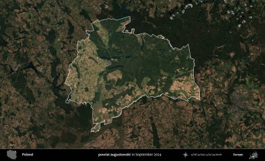 powiat augustowski. Polonya 'nın idari alanı, Eylül 2024' te çekilen Kopernik Nöbetçi karolarından oluşan koyu renkli bir uydu görüntüsü üzerine vurgulandı ve özetlendi