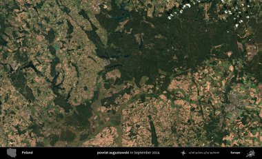 powiat augustowski. Eylül 2024 'te çekilen Kopernik Sentinel karolarından oluşan uydu görüntüsü üzerine Polonya' nın idari bölgesi