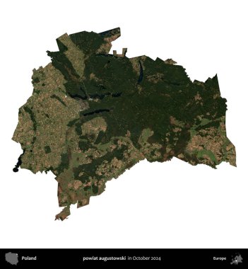 powiat augustowski. Polonya idari bölgesi, Ekim 2024 'te çekilen Kopernik Nöbetçi karolarından oluşan bir uydu görüntüsü üzerinde beyaza izole edildi.