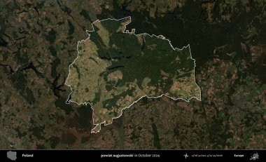 powiat augustowski. Polonya 'nın idari alanı, Ekim 2024' te çekilen Kopernik Nöbetçi karolarından oluşan koyu renkli bir uydu görüntüsü üzerine vurgulandı ve özetlendi