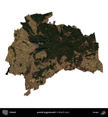powiat augustowski. Polonya idari bölgesi, Mart 2025 'te çekilen Kopernik Nöbetçi karolarından oluşan bir uydu görüntüsü üzerinde beyaza izole edildi.