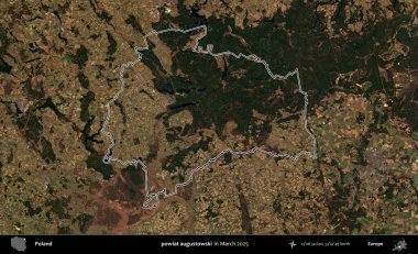powiat augustowski. Polonya 'nın idari bölgesinin ana hatları, Mart 2025' te çekilen Kopernik Nöbetçi karolarından oluşan bir uydu görüntüsü üzerine çizildi.