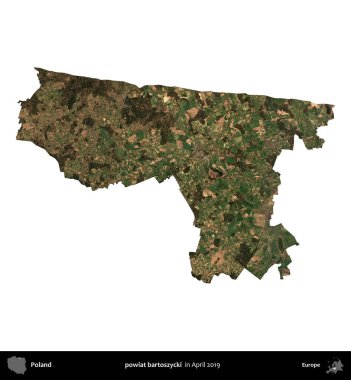 powiat bartoszycki. Polonya idari bölgesi, Nisan 2019 'da çekilen Kopernik Nöbetçi karolarından oluşan bir uydu görüntüsü üzerinde beyaza izole edildi.