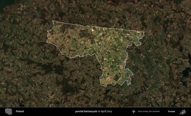 powiat bartoszycki. Polonya 'nın idari alanı, Nisan 2019' da çekilen Kopernik Nöbetçi karolarından oluşan koyu renkli bir uydu görüntüsü üzerine vurgulandı ve özetlendi.