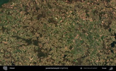 powiat bartoszycki. Nisan 2019 'da çekilen Kopernik Sentinel karolarından oluşan bir uydu görüntüsü üzerine Polonya' nın idari bölgesi