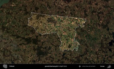 powiat bartoszycki. Polonya 'nın idari alanı, Nisan 2020' de çekilen Kopernik Nöbetçi karolarından oluşan koyu renkli bir uydu görüntüsü üzerine vurgulandı ve özetlendi