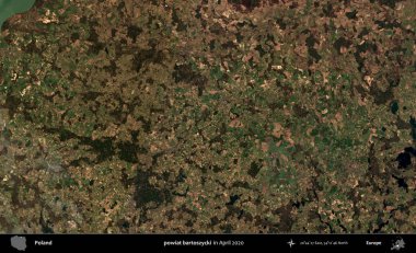powiat bartoszycki. Nisan 2020 'de Copernicus Sentinel karolarından oluşan bir uydu görüntüsü üzerine Polonya' nın idari bölgesi