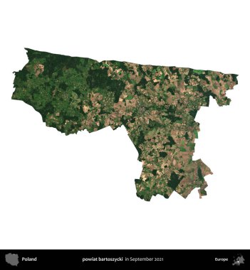powiat bartoszycki. Polonya idari bölgesi, Eylül 2021 'de çekilen Kopernik Nöbetçi karolarından oluşan bir uydu görüntüsü üzerinde beyaza izole edildi.