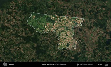 powiat bartoszycki. Polonya 'nın idari alanı, Eylül 2021' de çekilen Kopernik Nöbetçi karolarından oluşan koyu renkli bir uydu görüntüsü üzerine vurgulandı ve özetlendi
