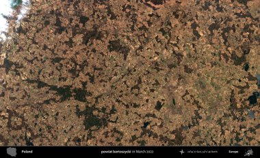 powiat bartoszycki. Copernicus Sentinel 'in Mart 2022' de çekilmiş uydu görüntüsü üzerine Polonya 'nın idari bölgesi.