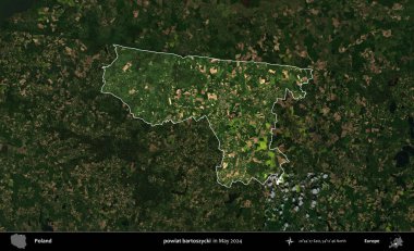 powiat bartoszycki. Polonya 'nın idari alanı, Mayıs 2024' te çekilen Kopernik Nöbetçi karolarından oluşan koyu renkli bir uydu görüntüsü üzerinde vurgulandı ve özetlendi.