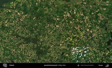 powiat bartoszycki. Mayıs 2024 'te Copernicus Sentinel karolarından oluşan uydu görüntüsü üzerine Polonya' nın idari bölgesi
