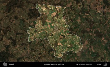gmina Bartoszyce. Polonya 'nın idari alanı, Nisan 2019' da çekilen Kopernik Nöbetçi karolarından oluşan koyu renkli bir uydu görüntüsü üzerine vurgulandı ve özetlendi.