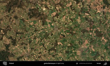 gmina Bartoszyce. Nisan 2019 'da çekilen Kopernik Sentinel karolarından oluşan bir uydu görüntüsü üzerine Polonya' nın idari bölgesi
