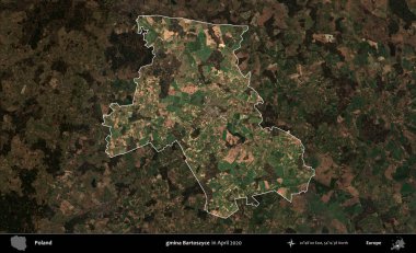 gmina Bartoszyce. Polonya 'nın idari alanı, Nisan 2020' de çekilen Kopernik Nöbetçi karolarından oluşan koyu renkli bir uydu görüntüsü üzerine vurgulandı ve özetlendi