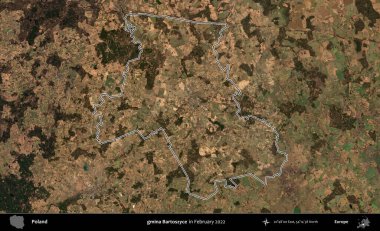 gmina Bartoszyce. Polonya 'nın idari bölgesinin ana hatlarını, Şubat 2022' de çekilen Kopernik Nöbetçi karolarından oluşan bir uydu görüntüsü oluşturdu.