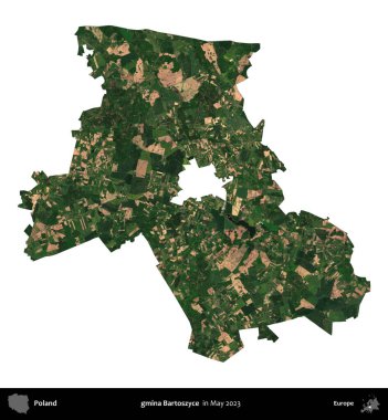 gmina Bartoszyce. Polonya 'nın idari bölgesi, Mayıs 2023' te çekilen Kopernik Nöbetçi Fayanslarından oluşan bir uydu görüntüsüyle beyaza izole edildi.