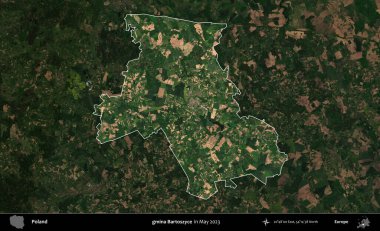 gmina Bartoszyce. Polonya 'nın idari alanı, Mayıs 2023' te çekilen Kopernik Nöbetçi karolarından oluşan koyu renkli bir uydu görüntüsü üzerinde vurgulandı ve özetlendi.