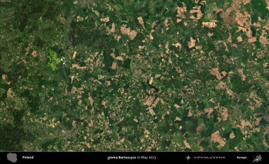 gmina Bartoszyce. Copernicus Sentinel 'in Mayıs 2023' te çekilmiş uydu görüntüsü üzerine Polonya 'nın idari bölgesi.