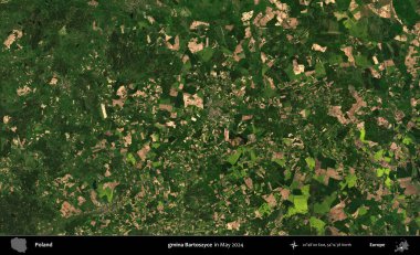 gmina Bartoszyce. Mayıs 2024 'te Copernicus Sentinel karolarından oluşan uydu görüntüsü üzerine Polonya' nın idari bölgesi