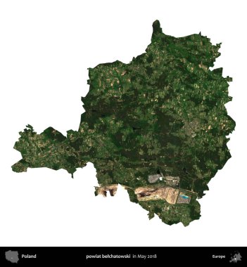 powiat belchatowski. Polonya 'nın idari bölgesi, Mayıs 2018' de çekilen Kopernik Nöbetçi Fayanslarından oluşan bir uydu görüntüsü üzerinde beyaza izole edildi.