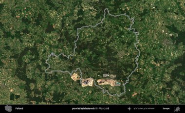 powiat belchatowski. Mayıs 2018 'de çekilen Kopernik Nöbetçi karolarından oluşan bir uydu görüntüsü üzerine Polonya' nın idari bölgesinin ana hatlarını belirledik.