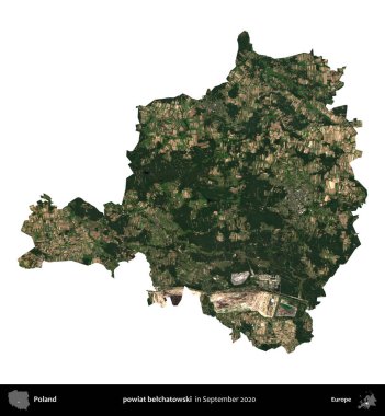 powiat belchatowski. Polonya idari bölgesi, Eylül 2020 'de çekilen Kopernik Nöbetçi karolarından oluşan bir uydu görüntüsü üzerinde beyaza izole edildi.