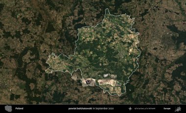 powiat belchatowski. Polonya 'nın idari alanı, Eylül 2020' de çekilen Kopernik Nöbetçi karolarından oluşan koyu renkli bir uydu görüntüsü üzerine vurgulandı ve özetlendi