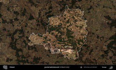 powiat belchatowski. Polonya 'nın idari alanı, Mart 2023' te çekilen Kopernik Nöbetçi karolarından oluşan koyu renkli bir uydu görüntüsü üzerine vurgulandı ve özetlendi.