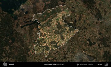gmina Biala Piska. Polonya 'nın idari alanı, Nisan 2019' da çekilen Kopernik Nöbetçi karolarından oluşan koyu renkli bir uydu görüntüsü üzerine vurgulandı ve özetlendi.
