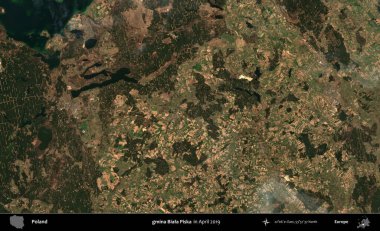 gmina Biala Piska. Nisan 2019 'da çekilen Kopernik Sentinel karolarından oluşan bir uydu görüntüsü üzerine Polonya' nın idari bölgesi