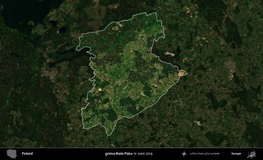 gmina Biala Piska. Polonya 'nın idari alanı, Haziran 2019' da çekilen Kopernik Nöbetçi karolarından oluşan koyu renkli bir uydu görüntüsü üzerine vurgulandı ve özetlendi.