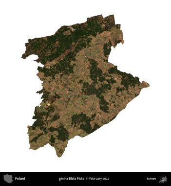 gmina Biala Piska. Polonya idari bölgesi, Şubat 2022 'de çekilen Kopernik Nöbetçi karolarından oluşan bir uydu görüntüsü üzerinde beyaza izole edildi.