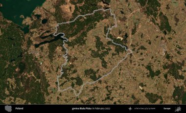 gmina Biala Piska. Polonya 'nın idari bölgesinin ana hatlarını, Şubat 2022' de çekilen Kopernik Nöbetçi karolarından oluşan bir uydu görüntüsü oluşturdu.