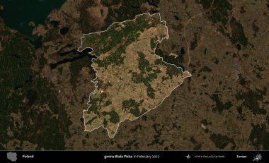 gmina Biala Piska. Polonya 'nın idari alanı, Şubat 2022' de çekilen Kopernik Nöbetçi karolarından oluşan koyu renkli bir uydu görüntüsü üzerine vurgulandı ve özetlendi.