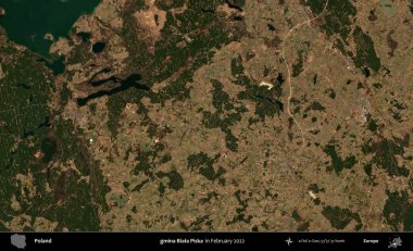 gmina Biala Piska. Polonya 'nın idari bölgesi, Şubat 2022' de çekilen Kopernik Sentinel karolarından oluşan bir uydu görüntüsü üzerine kurulmuştur.