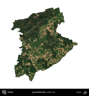 gmina Biala Piska. Polonya 'nın idari bölgesi, Mayıs 2023' te çekilen Kopernik Nöbetçi Fayanslarından oluşan bir uydu görüntüsüyle beyaza izole edildi.