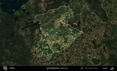 gmina Biala Piska. Polonya 'nın idari alanı, Mayıs 2023' te çekilen Kopernik Nöbetçi karolarından oluşan koyu renkli bir uydu görüntüsü üzerinde vurgulandı ve özetlendi.