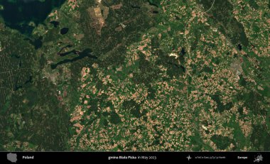 gmina Biala Piska. Copernicus Sentinel 'in Mayıs 2023' te çekilmiş uydu görüntüsü üzerine Polonya 'nın idari bölgesi.