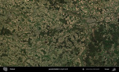 powiat bialski. Nisan 2018 'de çekilen Kopernik Sentinel karolarından oluşan bir uydu görüntüsü üzerine Polonya' nın idari bölgesi