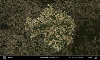 powiat bialski. Polonya 'nın idari alanı, Ekim 2018' de çekilen Kopernik Nöbetçi karolarından oluşan koyu renkli bir uydu görüntüsü üzerine vurgulandı ve özetlendi