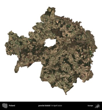 powiat bialski. Polonya idari bölgesi, Nisan 2020 'de çekilen Kopernik Nöbetçi karolarından oluşan bir uydu görüntüsü üzerinde beyaza izole edildi.