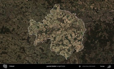 powiat bialski. Polonya 'nın idari alanı, Nisan 2020' de çekilen Kopernik Nöbetçi karolarından oluşan koyu renkli bir uydu görüntüsü üzerine vurgulandı ve özetlendi