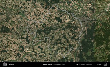 powiat bialski. Eylül 2020 'de çekilen Kopernik Nöbetçi karolarından oluşan bir uydu görüntüsü üzerine Polonya' nın idari bölgesinin ana hatlarını çizdim.