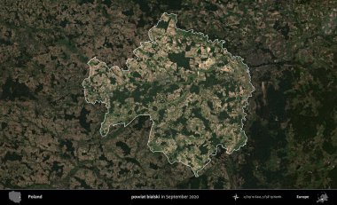 powiat bialski. Polonya 'nın idari alanı, Eylül 2020' de çekilen Kopernik Nöbetçi karolarından oluşan koyu renkli bir uydu görüntüsü üzerine vurgulandı ve özetlendi