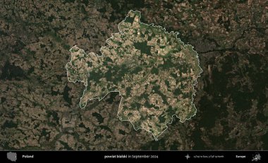 powiat bialski. Polonya 'nın idari alanı, Eylül 2024' te çekilen Kopernik Nöbetçi karolarından oluşan koyu renkli bir uydu görüntüsü üzerine vurgulandı ve özetlendi