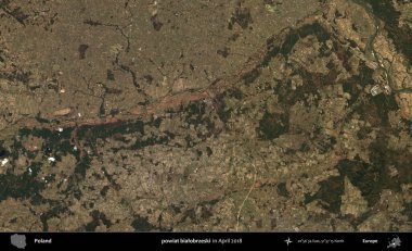 powiat bialobrzeski. Nisan 2018 'de çekilen Kopernik Sentinel karolarından oluşan bir uydu görüntüsü üzerine Polonya' nın idari bölgesi