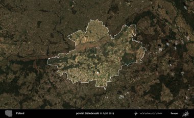 powiat bialobrzeski. Polonya 'nın idari alanı, Nisan 2019' da çekilen Kopernik Nöbetçi karolarından oluşan koyu renkli bir uydu görüntüsü üzerine vurgulandı ve özetlendi.