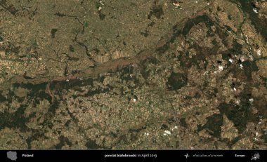 powiat bialobrzeski. Nisan 2019 'da çekilen Kopernik Sentinel karolarından oluşan bir uydu görüntüsü üzerine Polonya' nın idari bölgesi